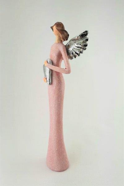 RŮŽOVÝ ANDĚL STŘÍBRNÁ KŘÍDLA A SRDCE - SOŠKA 23 CM