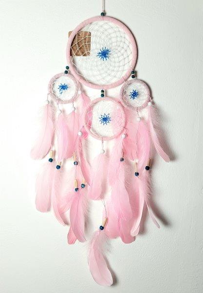 RŮŽOVÝ LAPAČ SNŮ - 4 KRUHY, délka 78 cm