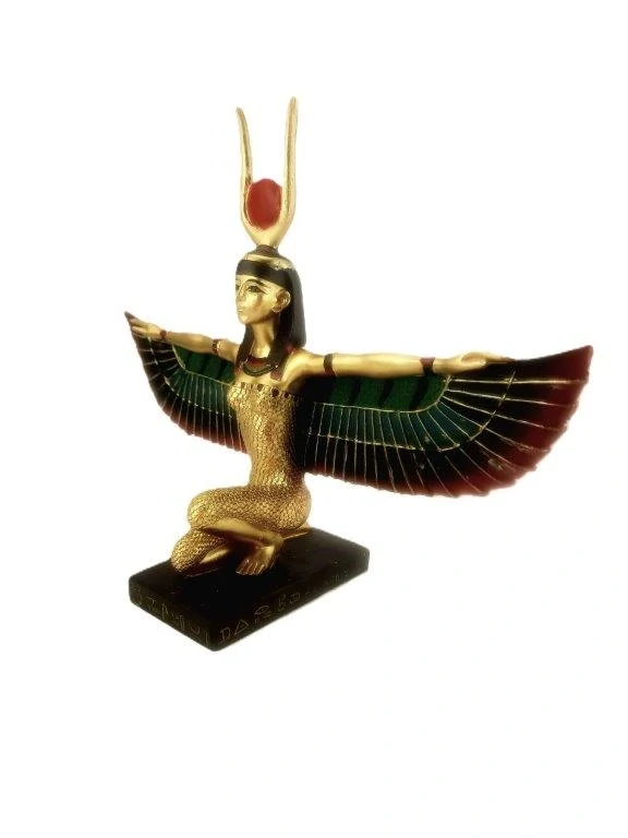 BOHYNĚ ESET / ISIS S ROHY A SLUNEČNÍM KOTOUČEM - LÁSKA, VZTAHY, OCHRANA - SOŠKA 19 X 25 CM