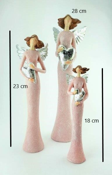 RŮŽOVÝ ANDĚL STŘÍBRNÁ KŘÍDLA A SRDCE - SOŠKA 23 CM