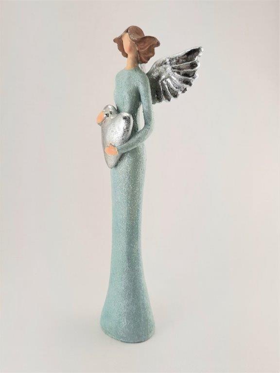 ANDĚL BLUE - STŘÍBRNÁ KŘÍDLA A SRDCE - SOŠKA 28 CM 