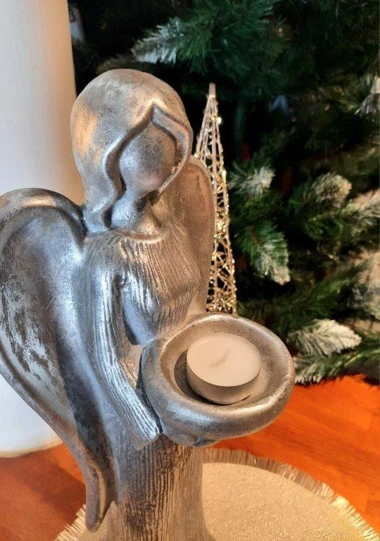 VELKÝ ANDĚL S MISKOU STŘÍBRNÝ - SVÍCEN - SOŠKA 42 cm