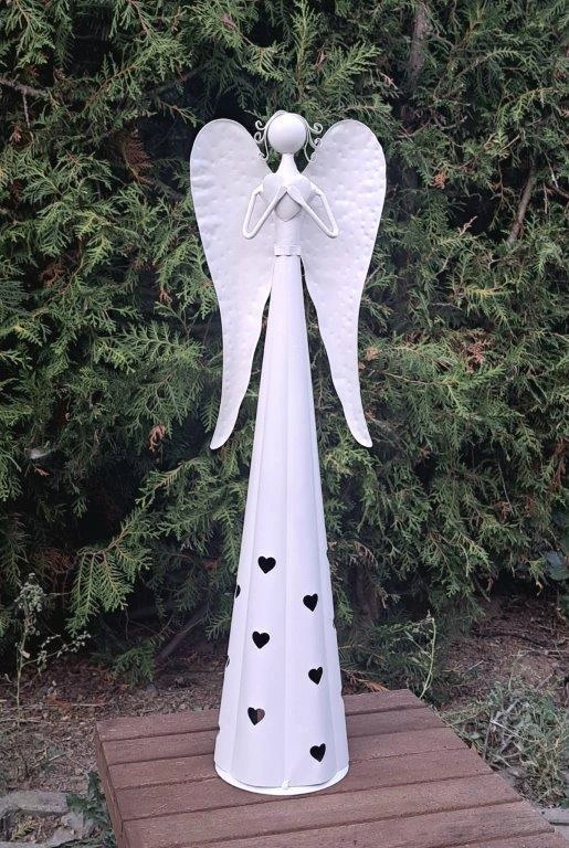 VELKÝ PLECHOVÝ ANDĚL BÍLÝ - SOŠKA 52 cm