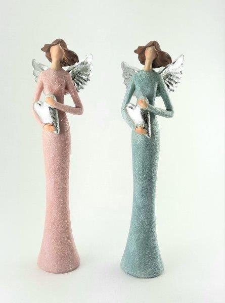 RŮŽOVÝ ANDĚL STŘÍBRNÁ KŘÍDLA A SRDCE - SOŠKA 23 CM