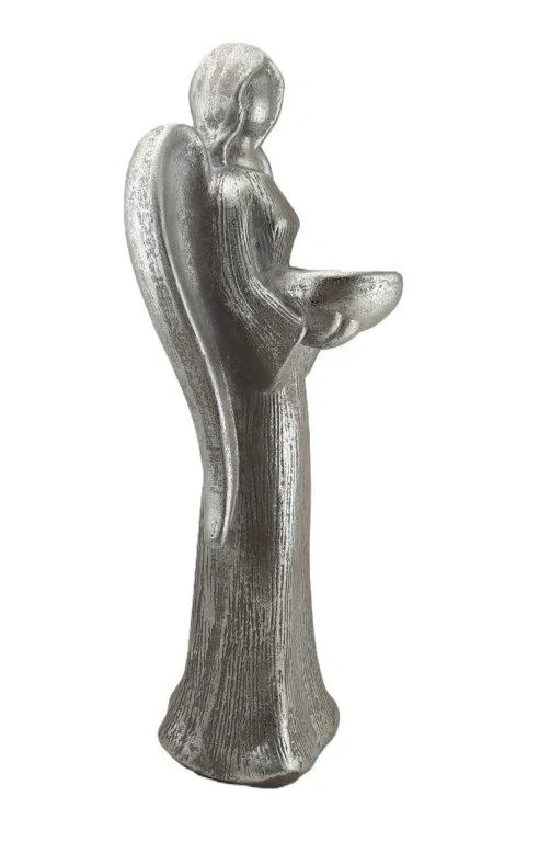 VELKÝ ANDĚL S MISKOU STŘÍBRNÝ - SVÍCEN - SOŠKA 42 cm